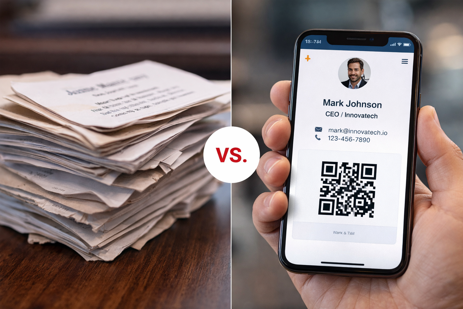 Visual comparison between paper business cards and a digital card on a phone