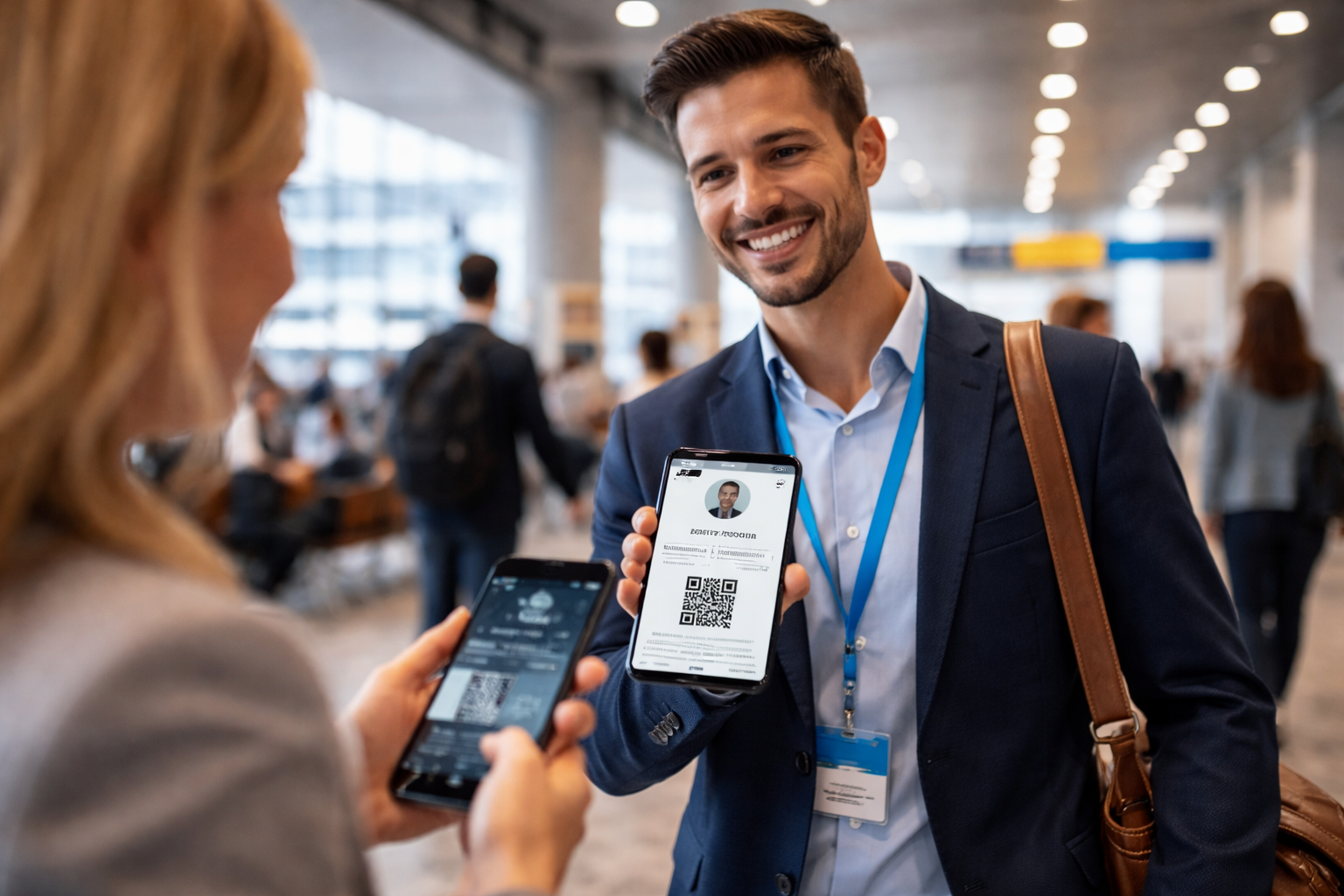 Digital business card used while traveling in an airport