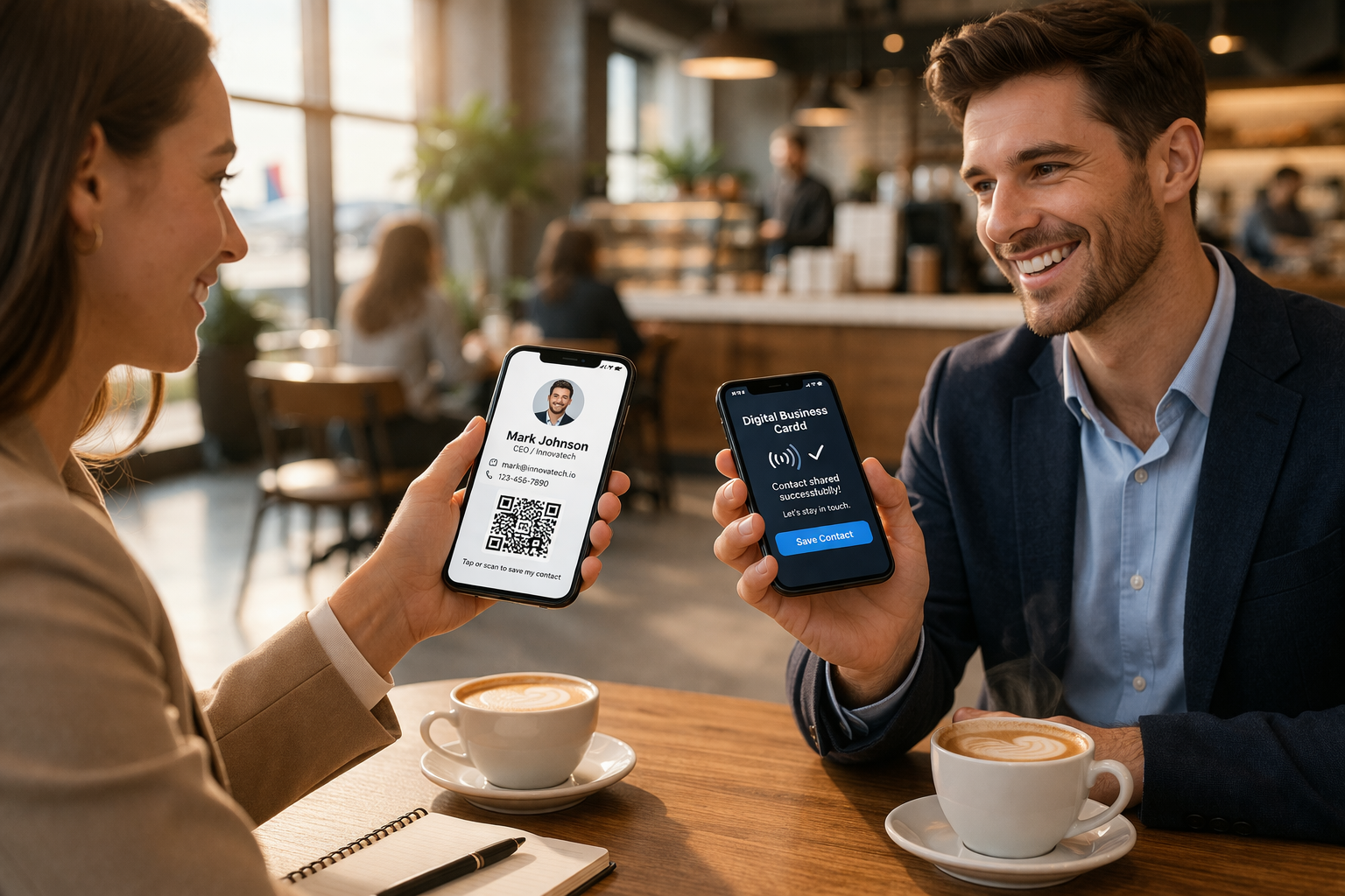 Sharing a digital business card during a coffee meeting